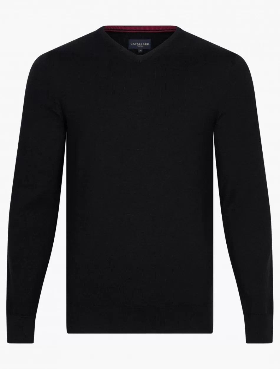 Truien>Cavallaro Napoli Merino V-Neck Trui Zwart