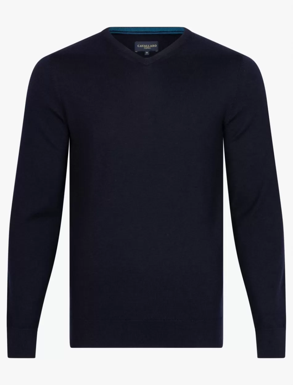 Truien>Cavallaro Napoli Merino V-Neck Trui Donkerblauw